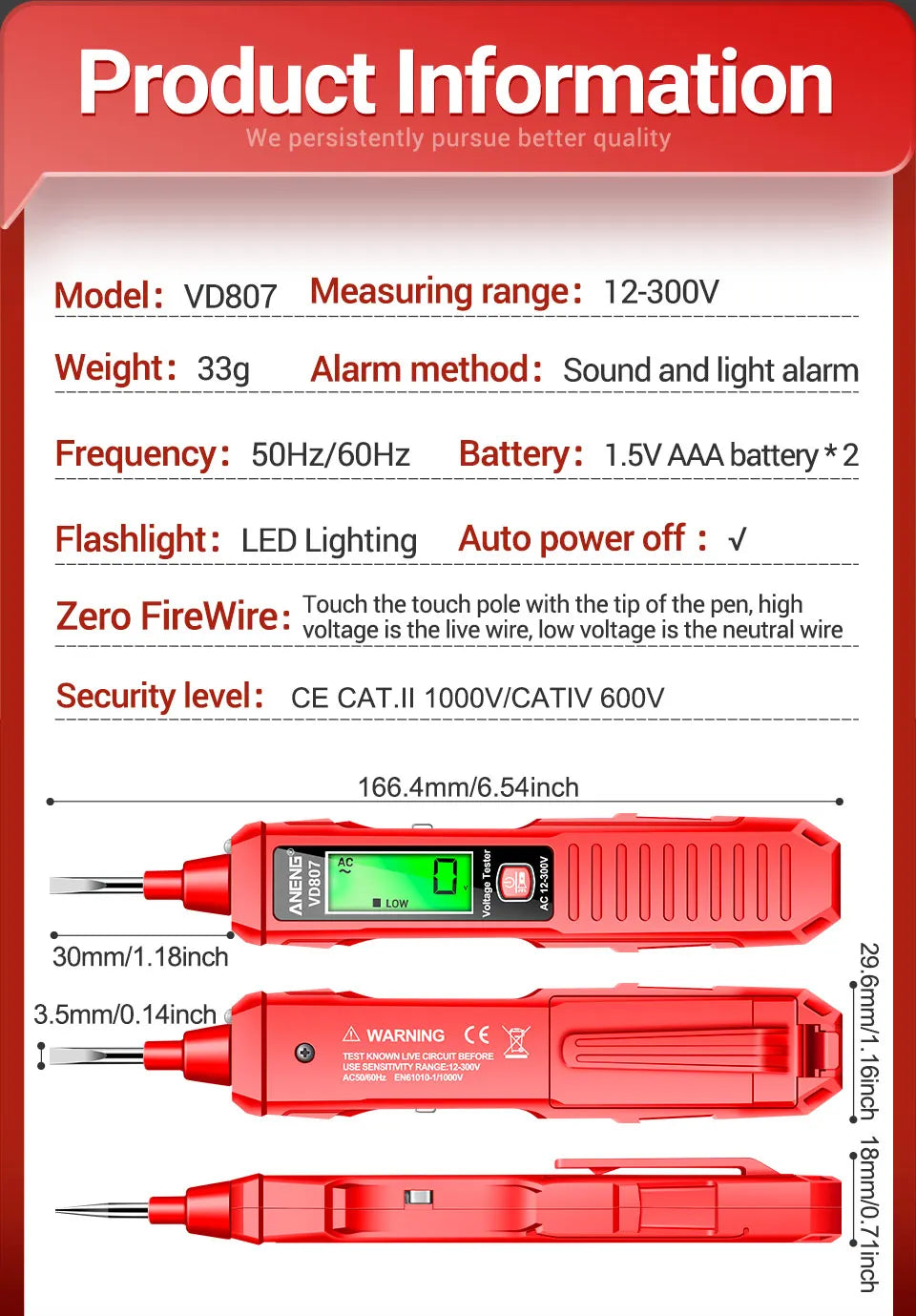 ANENG VD807 Induction Tester Pen LED Display